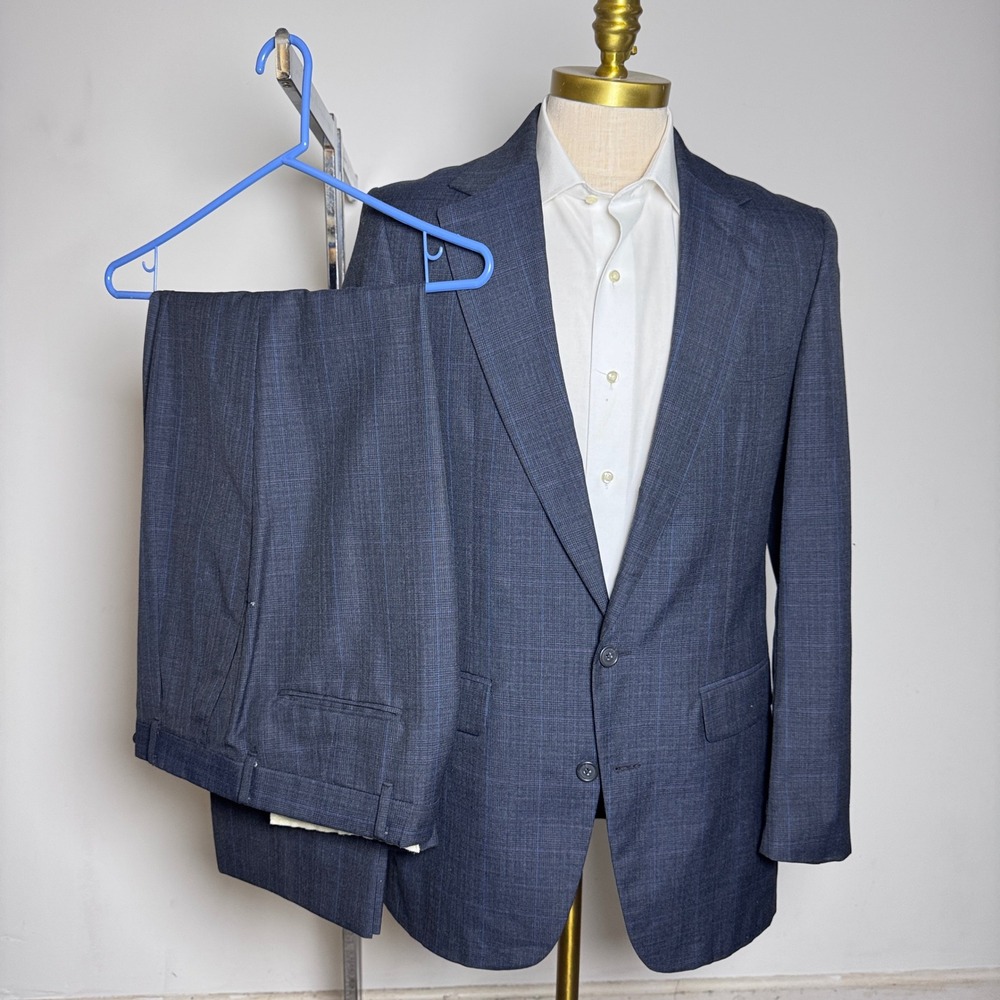 Hunting Horn J. Riggins Suit Mens 40L 32x31 Blue Glen Plaid 2-Button USA Vintage